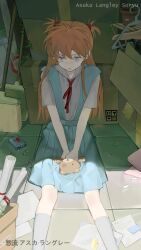 Rule 34 | 1102133729, 1girl, blue dress, blue eyes, box, broom, cardboard box, character name, chinese commentary, clothes hanger, commentary request, dress, dustpan, feet out of frame, flower pot, from above, frown, highres, holding, holding stuffed toy, ivy, kneehighs, long hair, looking to the side, neck ribbon, neon genesis evangelion, nerv, on floor, orange hair, own hands together, paper, parted lips, pill, pinafore dress, ribbon, school uniform, scroll, shirt, sitting, sleeveless, sleeveless dress, socks, solo, souryuu asuka langley, stuffed animal, stuffed toy, teddy bear, tokyo-3 middle school uniform, two side up, v arms, white shirt, white socks