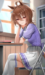 Rule 34 | 1girl, agnes tachyon (umamusume), ahoge, animal ears, artist name, back bow, blush, book, book stack, bow, breasts, brown hair, chair, chemical structure, closed mouth, clothing cutout, crossed legs, curtains, dated, earrings, folding chair, hair between eyes, head rest, highres, horse ears, horse girl, horse tail, jewelry, looking at viewer, medium breasts, messy hair, motsushi, puffy short sleeves, puffy sleeves, purple bow, purple shirt, school uniform, shirt, short hair, short sleeves, signature, single earring, sitting, skirt, smile, solo, summer uniform, table, tail, tail through clothes, thighhighs, tracen school uniform, umamusume, white skirt, white thighhighs, window