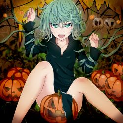 Rule 34 | 1girl, bare legs, bound, collarbone, convenient censoring, dress, green eyes, green hair, halloween, himegami, knees up, matching hair/eyes, one-punch man, open mouth, pumpkin, short hair, solo, tatsumaki, tied up (nonsexual)