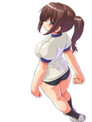 Rule 34 | 1girl, back, bad id, bad pixiv id, brown eyes, brown hair, buruma, clenched hand, clenched hands, dd (ijigendd), from above, from behind, gym uniform, legs, looking back, looking up, original, ponytail, solo