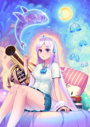 Rule 34 | 1girl, absurdres, bare legs, blue bow, blue bowtie, blue eyes, blue skirt, book, book stack, bow, bowtie, collared shirt, crescent moon, crown, gem, gyroscope, highres, holding, holding pocket watch, jellyfish, light particles, long hair, looking at viewer, moon, original, parted bangs, parted lips, pillow, pleated skirt, pocket watch, purple hair, sawasa, shirt, short sleeves, sidelocks, sitting, skirt, solo, sparkle, star (symbol), star print, striped pillow, telescope, thighs, uniform, watch, whale, white shirt