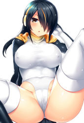 Rule 34 | 10s, 1girl, ass, black hair, blonde hair, breasts, brown eyes, covered erect nipples, emperor penguin (kemono friends), hair over one eye, horosuke, impossible clothes, kemono friends, large breasts, leotard, long hair, looking at viewer, multicolored hair, partially visible vulva, simple background, solo, spread legs, streaked hair, swept bangs, thighhighs, thighs, two-tone hair, white background, white leotard, white thighhighs