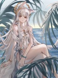 Rule 34 | absurdres, animal ear fluff, animal ears, arknights, bare legs, bare shoulders, blue sky, bracelet, breasts, closed mouth, collarbone, commentary request, crossed legs, dress, hair ornament, hand on own thigh, head tilt, highres, horse ears, horse girl, jewelry, leaning, leaning to the side, legs, lofter username, long hair, nininisama, ocean, official alternate costume, orange eyes, plant, platinum (arknights), platinum (shimmering dew) (arknights), rock, scenery, sidelocks, sitting, sitting on rock, sky, small breasts, solo, thighs, very long hair, water, weibo watermark, white dress, white hair