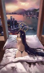 Rule 34 | 1girl, ass, back, back focus, bare back, bed, black panties, blanket, city, cityscape, commentary, english commentary, from behind, grey eyes, halo, highres, hololive, hololive english, hong kong, indoors, long hair, looking at viewer, looking back, lying, mountain, ninomae ina&#039;nis, on bed, on stomach, panties, pillow, pointy ears, purple hair, tentacle hair, thong, underwear, very long hair, vicarious, virtual youtuber, water, window
