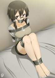 Rule 34 | 1girl, absurdres, arms behind back, artist request, barefoot, bed, bed sheet, bound, bound arms, bound legs, breasts, brown eyes, brown hair, collarbone, duct tape, full body, gag, gagged, glasses, hair ornament, highres, improvised gag, indoors, looking at viewer, medium breasts, on bed, restrained, short hair, signature, sinon, sitting, solo, sword art online, tape, tape gag, toenails, toes