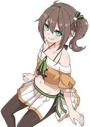 1girl, ahoge, aqua eyes, asymmetrical hair, black camisole, black legwear, blush, breasts, brown hair, camisole, cat hair ornament, collarbone, commentary, cowboy shot, crop top, cropped jacket, eyebrows visible through hair, from above, green ribbon, grin, groin, hair between eyes, hair ornament, hair ribbon, halterneck, highres, hololive, invisible chair, looking at viewer, looking up, medium hair, midriff, miniskirt, natsuiro matsuri, navel, off-shoulder jacket, pantyhose, pleated skirt, ribbon, short sleeves, side ponytail, side slit, simple background, sitting, skirt, small breasts, smile, solo, striped, striped ribbon, virtual youtuber, watanabe masafumi (masafumi 127), white background, white skirt