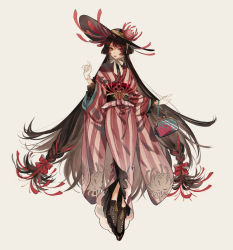 Rule 34 | 1girl, brown background, brown footwear, brown hair, brown hat, character request, closed mouth, commentary request, floral print, flower, full body, gloves, hat, hat flower, japanese clothes, kimono, long hair, looking at viewer, low-tied long hair, obi, onmyoji, pink flower, red eyes, red kimono, sash, simple background, solo, spider lily print, striped clothes, striped kimono, tassel, tsubonari, very long hair, white gloves