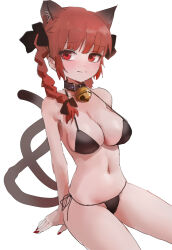 Rule 34 | 1girl, alternate costume, animal ears, bell, bikini, black bow, blunt bangs, blush, bow, braid, breasts, cat ears, cat tail, cleavage, collar, embarrassed, extra ears, hair bow, hair ribbon, highres, jingle bell, kaenbyou rin, large breasts, long hair, looking to the side, multiple tails, nail polish, navel, nekomata, red eyes, red hair, red nails, reddizen, ribbon, simple background, sitting, solo, swimsuit, tail, touhou, tress ribbon, twin braids, two tails, white background