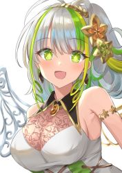 Rule 34 | 1girl, ahoge, bare shoulders, breasts, character request, cleavage, dress, earrings, green eyes, green hair, hair ornament, highres, jewelry, kanaria hisagi, large breasts, laurels, looking at viewer, multicolored hair, open mouth, puzzle &amp; dragons, simple background, solo, streaked hair, symbol-shaped pupils, white background, white dress, white hair