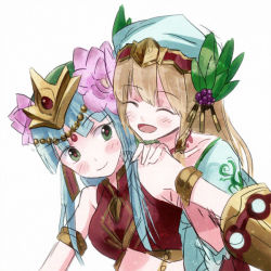 Rule 34 | 2girls, armlet, bare shoulders, beads, berry, blonde hair, blue hair, blush, circlet, closed eyes, flower, freyja (p&amp;d), green eyes, hair flower, hair ornament, hand on another&#039;s shoulder, hat, jewelry, leaf, long hair, looking at another, lotus, midriff, multiple girls, open mouth, parvati (p&amp;d), puffy short sleeves, puffy sleeves, puzzle &amp; dragons, short sleeves, simple background, smile, toki (241759), white background