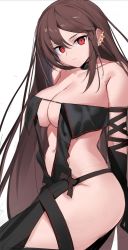 Rule 34 | 1girl, bare shoulders, black dress, black gloves, breasts, brown hair, center opening, choker, cleavage, collarbone, dress, earrings, elbow gloves, fate/grand order, fate (series), gloves, highres, jewelry, large breasts, long hair, looking at viewer, multiple earrings, navel, ndgd, red eyes, revealing clothes, ribbon-trimmed dress, simple background, strapless, strapless dress, thighs, very long hair, white background, yu mei-ren (fate)