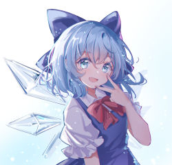Rule 34 | 1girl, :d, absurdres, blouse, blue background, blue dress, blue eyes, blue hair, bow, cirno, dress, hair between eyes, hair bow, highres, ice, ice wings, light blush, looking at viewer, open mouth, scarlet dango, shirt, short hair, simple background, smile, solo, touhou, upper body, v over mouth, white shirt, wings