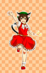 Rule 34 | 1girl, animal ears, bell, blush, brown hair, cat ears, cat girl, cat tail, chen, cohal, earrings, female focus, hat, heart, heart tail, highres, jewelry, multiple tails, short hair, solo, tail, touhou, waving