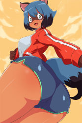 Rule 34 | 1girl, animal ears, ass, blue hair, brand new animal, furry, furry female, huge ass, jacket, kagemori michiru, looking at viewer, raccoon ears, raccoon tail, short hair, short shorts, shorts, smile, solo, tail, thelorope, thick thighs, thighs, track jacket