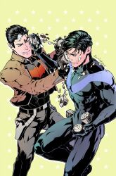 Rule 34 | 2boys, artist name, batman (series), belt, black belt, black bodysuit, black hair, black pants, black shirt, blue bodysuit, bodysuit, boots, brothers, brown jacket, covered abs, cupcake, dc comics, dick grayson, evinist, food, food on face, green background, highres, holding, holding food, holster, jacket, jason todd, large pectorals, male focus, multicolored hair, multiple boys, muscular, muscular male, nightwing, one eye closed, open clothes, open jacket, pants, pectorals, red hood (dc), shirt, short hair, siblings, simple background, smile, two-tone bodysuit, two-tone hair, white hair