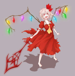 Rule 34 | 1girl, alternate costume, ascot, barefoot, blonde hair, female focus, flandre scarlet, fortis-931, full body, koumajou densetsu, laevatein, no headwear, open mouth, polearm, red eyes, shadow, short hair, short sleeves, side ponytail, simple background, sobatto (fortis-931), solo, spear, tongue, torn clothes, touhou, weapon, wings