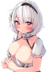 Rule 34 | 1girl, azur lane, blush, breasts, choker, cleavage, closed mouth, hairband, highres, lace-trimmed hairband, lace trim, large breasts, looking at viewer, puffy short sleeves, puffy sleeves, red eyes, ryoutsu, short hair, short sleeves, simple background, sirius (azur lane), solo, upper body, white background, white hair