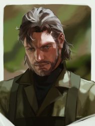 Rule 34 | 1boy, artist name, beard, brown hair, expressionless, facial hair, grey eyes, highres, looking at viewer, male focus, metal gear (series), metal gear solid 3: snake eater, mustache, naked snake, portrait, realistic, riense, short hair, simple background, solo, turtleneck