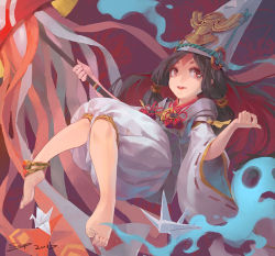 Rule 34 | androgynous, anklet, barefoot, black hair, brown eyes, dated, feet, flag, full body, gender request, ghost, hat, jewelry, kresop, long hair, looking at viewer, male focus, o-ring, onmyoji, origami, paper crane, parted lips, shirodouji, solo, tate eboshi, very long hair, white hat, wide sleeves