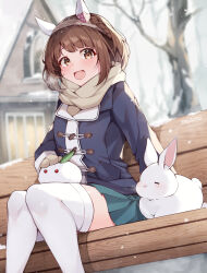 Rule 34 | 1girl, animal ears, bench, blue coat, blush, braid, breath, brown eyes, brown hair, coat, crown braid, ear covers, feet out of frame, green skirt, hairband, highres, horse ears, house, long sleeves, looking at viewer, miniskirt, misoni (mi so ni t), mittens, open mouth, outdoors, rabbit, scarf, short hair, sitting, skirt, smile, snow, snow rabbit, solo, thighhighs, tree, umamusume, white thighhighs, yukino bijin (umamusume)