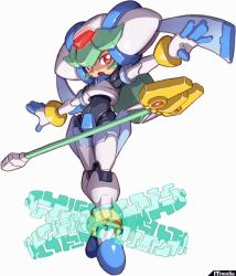 Rule 34 | 1girl, anklet, bracelet, capcom, crop top, elbow gloves, gloves, glowing, green hair, helmet, jewelry, long hair, mega man (series), mega man zx, official art, open mouth, outstretched arms, pandora (mega man), red eyes, robot, simple background, solo, spread arms, staff, standing, thighhighs, watermark, yabe makoto