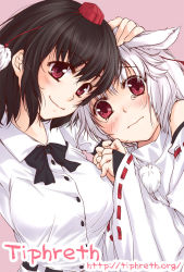 Rule 34 | 2girls, 3:, animal ears, bad id, bad pixiv id, bare shoulders, black hair, bow, bowtie, breasts, bridal gauntlets, detached sleeves, dress shirt, female focus, hand on another&#039;s head, hat, head on another&#039;s shoulder, headpat, inubashiri momiji, kanda aya, large breasts, looking at viewer, monochrome, multiple girls, red eyes, shameimaru aya, shirt, short hair, silver hair, smile, tears, touhou, upper body, wolf ears