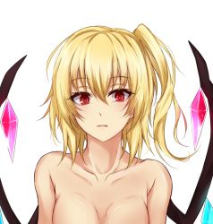 Rule 34 | 1girl, blonde hair, breasts, fang, female focus, flandre scarlet, looking at viewer, medium breasts, no headwear, parted lips, red eyes, short hair, side ponytail, simple background, solo, topless frame, touhou, upper body, watarase piro, white background, wings
