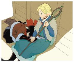 Rule 34 | 2girls, animal ears, arm guards, black footwear, black hair, black pants, blonde hair, blue capelet, blue robe, boots, braid, braided ponytail, brown footwear, capelet, cat ears, cat girl, cat tail, choker, closed eyes, coat, crown braid, dungeon meshi, elf, from above, from side, fur-trimmed boots, fur-trimmed jacket, fur trim, green eyes, holding, holding staff, hood, hood down, hooded capelet, inorenkon, izutsumi, jacket, lap pillow, long hair, long sleeves, looking at another, lying, marcille donato, mismatched animal ear colors, multiple girls, on side, one eye covered, pants, pointy ears, red jacket, red scarf, robe, scarf, shade, shawl, short hair, sitting, sleeping, sprout, staff, tail, winter clothes, winter coat