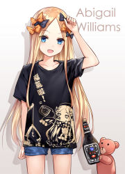 Rule 34 | 1girl, abigail williams (fate), asle, black bow, black shirt, blonde hair, blue eyes, blue shorts, blush, bottle, bow, breasts, character name, clothes writing, commentary request, denim, denim shorts, fate/grand order, fate (series), forehead, hair bow, long hair, looking at viewer, mixed-language commentary, multiple hair bows, open mouth, orange bow, parted bangs, partial commentary, polka dot, polka dot bow, shirt, short shorts, short sleeves, shorts, small breasts, smile, stuffed animal, stuffed toy, teddy bear, thighs