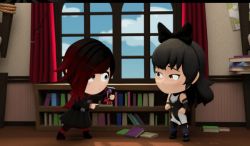 Rule 34 | 2girls, 3d, @ @, angry, animated, animated gif, bed, black hair, blake belladonna, book, bookshelf, bunk bed, chibi, cloud, defeat, full body, indoors, long hair, multiple girls, red hair, ruby rose, rwby, rwby chibi, short hair, sky, slapping, unconscious, window, wooden floor