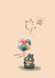 Rule 34 | balloon, closed mouth, commentary request, creatures (company), cutiefly, english text, fangs, floating, game freak, gen 4 pokemon, gen 7 pokemon, highres, holding, holding balloon, munchlax, nintendo, no humans, on grass, pokemon, pokemon (creature), popped balloon, simple background, standing, string, thank you, white background, wings, zozozoshion