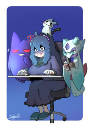 Rule 34 | 1girl, ?, ??, @ @, absurdres, ahoge, alternate breast size, artist name, at computer, black dress, black hair, blue background, blue eyes, breasts, chair, commentary request, creatures (company), dress, flying sweatdrops, froslass, game freak, gen 1 pokemon, gen 4 pokemon, gen 7 pokemon, gengar, hair between eyes, hairband, hex maniac (pokemon), highres, john (a2556349), keyboard (computer), large breasts, long dress, long hair, long sleeves, messy hair, mimikyu, mouse (computer), nintendo, office chair, on head, open mouth, pokemon, pokemon (creature), pokemon on head, pokemon xy, purple hair, purple hairband, reading, shaded face, sitting, slippers, surprised, sweatdrop, swivel chair, two-tone background, very long hair, white background
