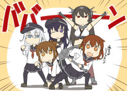 Rule 34 | 5girls, akatsuki (kancolle), anchor, arms up, bad id, bad pixiv id, bakutendou, black hair, blush, breasts, brown eyes, brown hair, chibi, fang, folded ponytail, gloves, hair ornament, hairclip, headgear, hibiki (kancolle), ikazuchi (kancolle), inazuma (kancolle), kantai collection, long hair, multiple girls, nagato (kancolle), odd one out, one eye closed, open mouth, pantyhose, parody, personification, red eyes, ressha sentai toqger, school uniform, serafuku, short hair, skirt, smile, super sentai, translation request, wavy mouth, wink