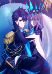 Rule 34 | 1boy, 1girl, absurdres, aiguillette, black bow, black hair, blue eyes, bow, braid, chair, crown, epaulettes, fate/grand order, fate (series), french braid, fujimaru ritsuka (male), hand on another&#039;s cheek, hand on another&#039;s face, highres, long hair, looking at another, looking at viewer, morgan le fay (fate), ponytail, ringozuki, serious, short hair, sitting, sitting on lap, sitting on person, throne, two-tone dress, veil, white hair