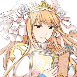 Rule 34 | 1girl, arch bishop (ragnarok online), blonde hair, blue dress, book, bridal veil, closed mouth, commentary request, dress, flower, flower in mouth, green eyes, hand in own hair, holding, holding book, long hair, natsuya (kuttuki), pink flower, ragnarok online, reading, simple background, smile, solo, two-tone dress, upper body, veil, white background, white dress