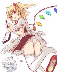 Rule 34 | 1girl, alternate costume, apron, ass, blonde hair, commentary request, dress, enmaided, feet out of frame, flandre scarlet, frilled apron, frills, hair ribbon, hand up, holding, holding pen, looking at viewer, maid, maid apron, miyo (ranthath), no headwear, one side up, panties, pantyshot, pen, petticoat, puffy short sleeves, puffy sleeves, red dress, red eyes, red footwear, red ribbon, ribbon, shirt, shoes, unworn shoes, short dress, short hair, short sleeves, simple background, solo, thighhighs, thighs, touhou, underwear, waist apron, white apron, white background, white panties, white shirt, white thighhighs, wings, wrist cuffs