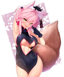 Rule 34 | 1girl, absurdres, adjusting eyewear, animal ear fluff, animal ears, arm up, armpits, bare shoulders, blush, breasts, fangs, fate/grand order, fate (series), fox ears, fox tail, glasses, gloves, hair between eyes, hand fan, highres, holding, koyanskaya (chinese lostbelt outfit) (fate), koyanskaya (fate), large breasts, looking at viewer, looking over eyewear, navel, no bra, parted lips, pink hair, ratio (ratio-d), short hair with long locks, smile, solo, standing, tail, tamamo (fate), tsurime, underboob, yellow eyes
