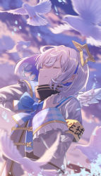 Rule 34 | 1girl, absurdres, amane kanata, angel wings, armband, blue bow, blue bowtie, blue eyes, blue hair, bow, bowtie, closed eyes, closed mouth, cloud, cloudy sky, colored inner hair, cropped jacket, frilled sleeves, frills, grey jacket, halo, high collar, highres, hololive, jacket, long sleeves, multicolored hair, ooyama ryou, pink hair, sailor collar, school uniform, serafuku, short hair, silver hair, sky, smile, solo, streaked hair, sunset, virtual youtuber, white wings, wide sleeves, wings