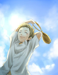 Rule 34 | 10s, 1boy, arms up, bag, brown hair, closed eyes, from below, fukube satoshi, hyouka, male focus, rito453, satchel, school uniform, short hair, solo