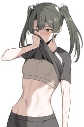 Rule 34 | 1girl, abs, absurdres, breasts, clothes lift, cowboy shot, dark green hair, green eyes, hair ribbon, hand up, highres, kantai collection, lifted by self, long hair, looking down, navel, ribbon, shirt, shirt lift, short shorts, shorts, simple background, skinny, small breasts, solo, sports bra, sportswear, sweat, takaman (gaffe), toned, twintails, white background, white ribbon, wiping sweat, zuikaku (kancolle)