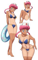 Rule 34 | 1girl, absurdres, arm behind head, arm support, barefoot, bikini, bikini tug, blue eyes, breasts, cleavage, closed mouth, collarbone, commentary, commission, creatures (company), dark skin, english commentary, eyelashes, game freak, hair rings, hat, highres, holding, holding swim ring, innertube, joy (pokemon), knees, leaning forward, long hair, looking at viewer, looking to the side, multiple views, navel, nintendo, nurse cap, open mouth, pink hair, pixiv commission, pokemon, pokemon (anime), pokemon (classic anime), shiny skin, simple background, sitting, smile, standing, suitenan, swim ring, swimsuit, tan, tanline, toes, white background, white headwear