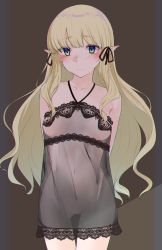 Rule 34 | 1girl, arms behind back, blonde hair, blue eyes, blush, breasts, elf, highres, long hair, looking at viewer, medium breasts, navel, no bra, pointy ears, princess connect!, ringo no tart, saren (princess connect!), see-through, smile, solo, standing, tagme