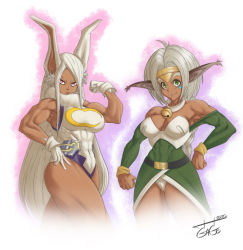 Rule 34 | 2020, 2girls, aisha clanclan, animal ears, artist name, boku no hero academia, breasts, cat ears, cat girl, cleavage, covered navel, dark-skinned female, dark skin, female focus, flexing, frown, gage (artist), gloves, green eyes, highleg, highleg leotard, large breasts, leotard, long hair, looking at viewer, mirko, multiple girls, muscular, muscular female, neck bell, outlaw star, rabbit ears, rabbit girl, red eyes, short hair, signature, smile, standing, thick thighs, thighs, trait connection, white gloves, white hair