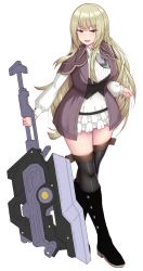 Rule 34 | 1girl, absurdres, assault lily, black footwear, black thighhighs, blonde hair, blush, boots, brown capelet, brown jacket, capelet, chin gero, collared dress, commentary request, crossed legs, dress, frilled dress, frills, full body, grey necktie, highres, holding, holding weapon, jacket, knee boots, long hair, long legs, long sleeves, looking at viewer, miyagawa takane, necktie, official alternate costume, open clothes, open jacket, parted lips, puffy long sleeves, puffy sleeves, purple eyes, short dress, short necktie, sidelocks, simple background, smile, solo, standing, thighhighs, thighhighs under boots, very long hair, wavy hair, weapon, white background, white dress, zettai ryouiki