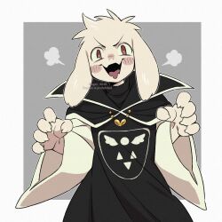 Rule 34 | 1boy, absurdres, animal ears, asriel dreemurr, blush, brown eyes, fangs, furry, furry male, goat boy, goat ears, highres, kageimo, long sleeves, looking at viewer, male focus, open mouth, short hair, skin fangs, smile, tongue, undertale, white hair