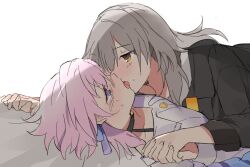 Rule 34 | 2girls, black choker, black jacket, blush, breasts, choker, collarbone, couple, french kiss, girl on top, grey hair, honkai: star rail, honkai (series), interlocked fingers, jacket, jin2, kiss, korean commentary, looking at another, lying, march 7th (honkai: star rail), medium breasts, medium hair, multicolored eyes, multiple girls, on back, on bed, pink hair, shirt, simple background, small breasts, stelle (honkai: star rail), sweatdrop, trailblazer (honkai: star rail), white background, white shirt, yellow eyes, yuri