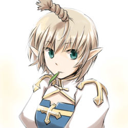 Rule 34 | 1girl, arch bishop (ragnarok online), blonde hair, blue dress, blue eyes, cleavage cutout, closed mouth, clothing cutout, commentary request, cross, dress, expressionless, fuse, juliet sleeves, leaf, long sleeves, looking at viewer, mouth hold, natsuya (kuttuki), pointy ears, puffy sleeves, ragnarok online, short hair, simple background, solo, stalk in mouth, two-tone dress, white background, white dress