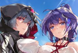 Rule 34 | 2girls, bare shoulders, black cape, black choker, blue sky, bound, cape, choker, grey hair, hair ornament, hairpin, honkai (series), honkai impact 3rd, long hair, looking at viewer, multiple girls, nipples, open mouth, outdoors, paid reward available, ponytail, raiden mei, raven (honkai impact), short hair, sky, teeth, wet, wet clothes, wet hair, zomzomzomsauce