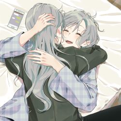 Rule 34 | 2girls, absurdres, bang dream!, bed, blush, closed eyes, commentary, couple, happy, highres, hikawa hina, hikawa sayo, hug, incest, laughing, long hair, long sleeves, lying, messy hair, multiple girls, on back, open mouth, pajamas, phone, shirt, short hair, siblings, sisters, smile, twincest, twins, unmoving pattern, yuri, zihacheol