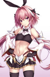 Rule 34 | 1boy, armor, astolfo (fate), astolfo (saber) (fate), bare shoulders, belt, black bow, black bowtie, black ribbon, black shirt, black skirt, black thighhighs, blush, bow, bowtie, crop top, detached sleeves, fate/grand order, fate (series), faulds, gairou (takakuan), gradient background, hair intakes, hands on own hips, highres, long hair, long sleeves, looking at viewer, low twintails, male focus, midriff, multicolored hair, navel, pink hair, pleated skirt, purple eyes, ribbon, shirt, simple background, skirt, smile, solo, streaked hair, thighhighs, thighs, trap, twintails, white background, white hair, wide sleeves